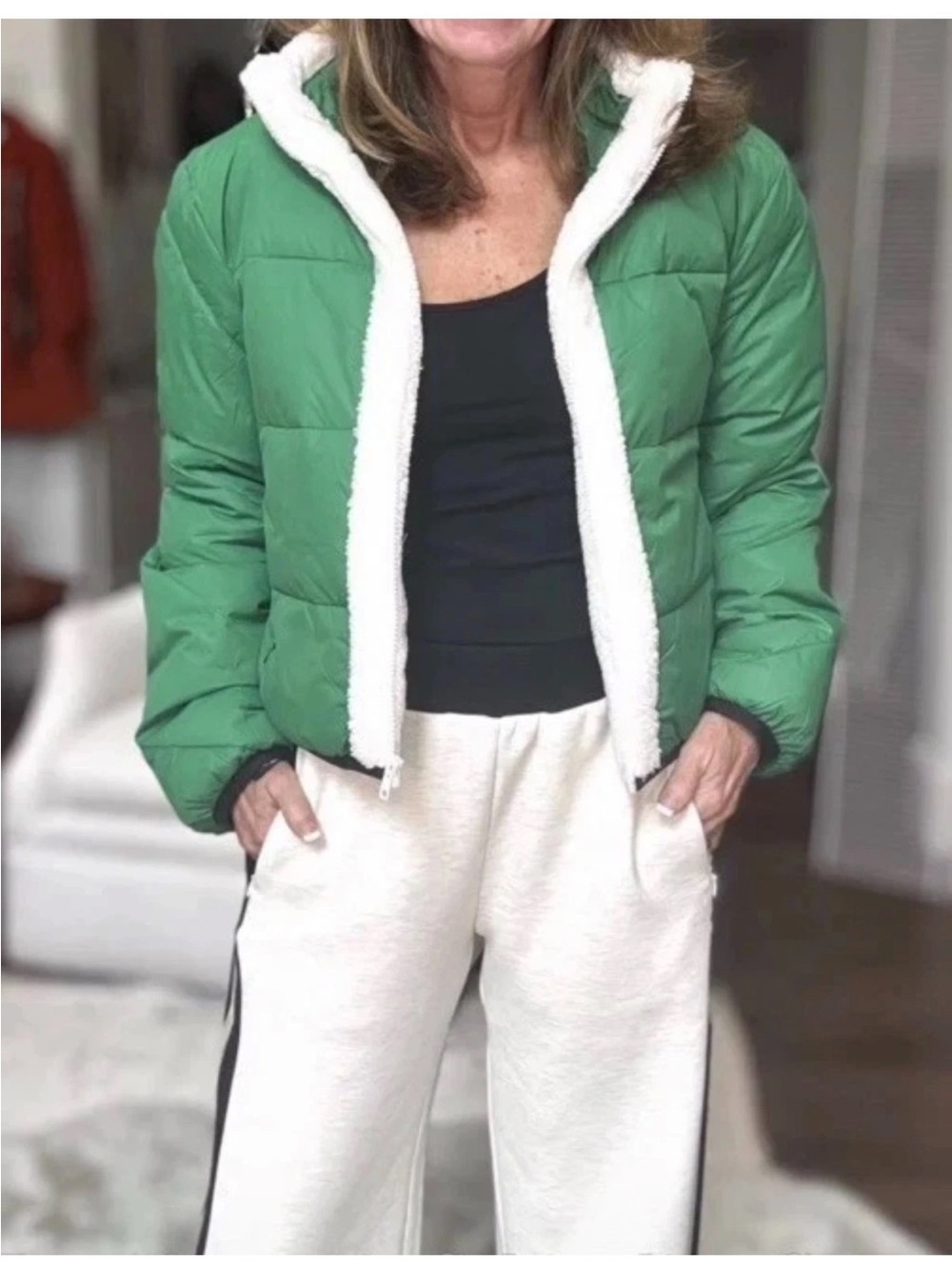 CAbi BIG SKY Green Puffer Jacket with White Sherpa Trim & Bonus sweater M